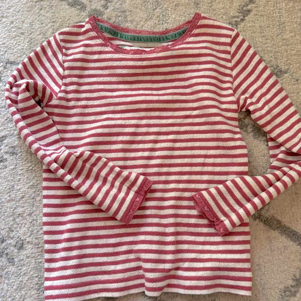 Boden Girls white and pink stripped eyelet long sleeve shirt Lace